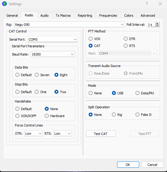 Xiegu g90 Ce-19 WSJT-X CAT Settings